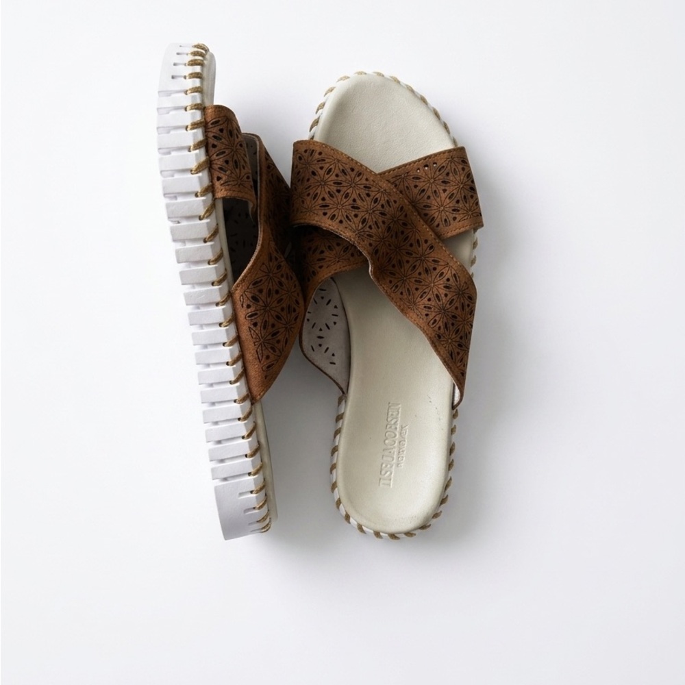 ISE Jacobson Brown Laser-Cut Slide Sandals - Comfortable Casual Slip-On